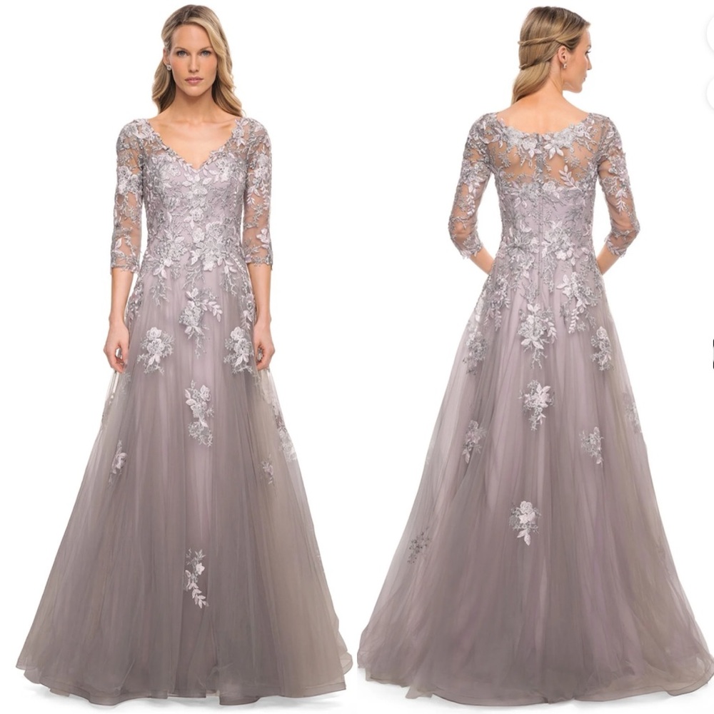 La Femme Elegant A-Line Gown Maxi Dress 30229 Silver Pink Size 4 NWT